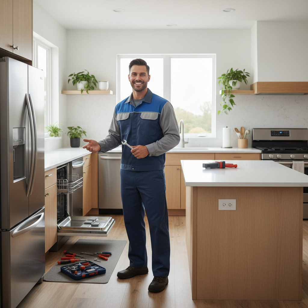 Appliance repair technician in a bright kitchen