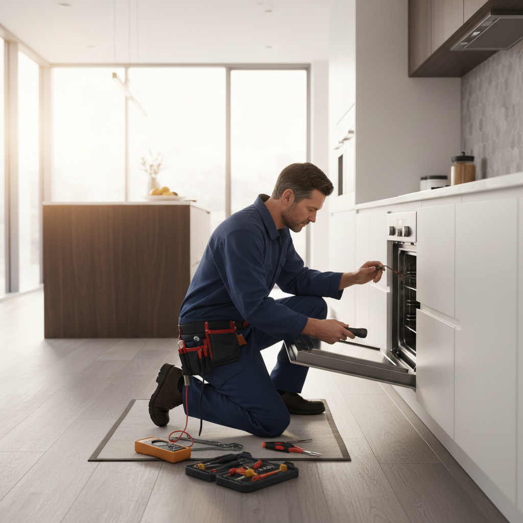 Technician repairing a built-in oven